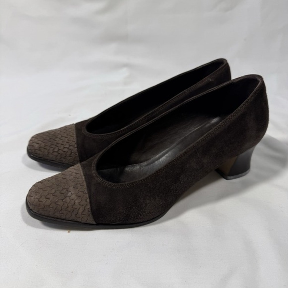 Vintage Suede Pumps Brown Block Heel 36 6 Dark Academia Fall Retro 80s 90s Italy - Picture 3 of 7